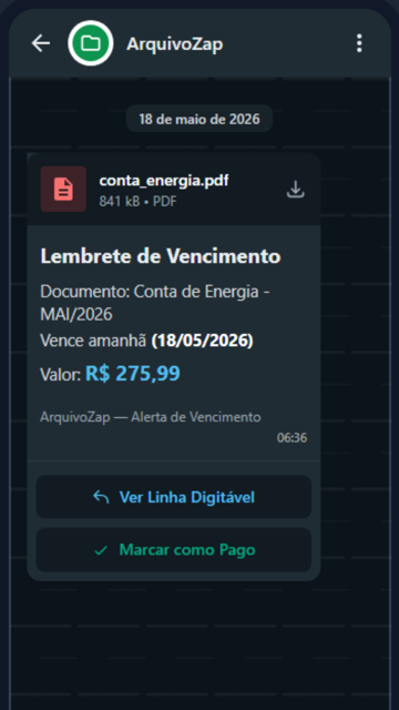 Conversa no WhatsApp: o ArquivoZap avisa que a conta de energia vence amanhã, com valor e linha digitável.