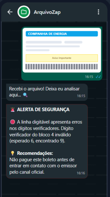 Conversa no WhatsApp: o ArquivoZap alerta que o boleto tem dígito verificador inválido e pode ser fraude.