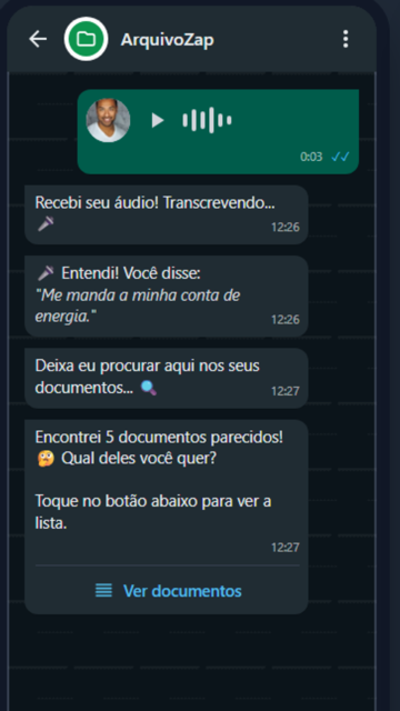 Conversa no WhatsApp: o usuário manda um áudio pedindo a conta de energia e o ArquivoZap transcreve e busca o documento.